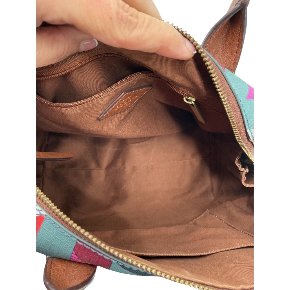 Fossil Geometric Print Satchel Crossbody Bag‎ and Wallet Set Brown Leather Trim - Picture 4 of 14